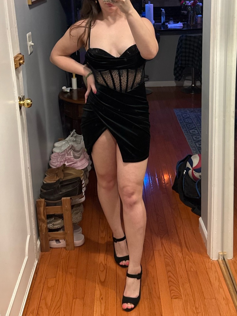 Windsor Black Velvet Mini Dress with Sheer Corset